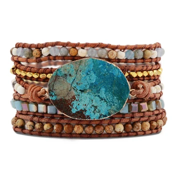 Уникальный браслет с синим камнем в стиле бохо, Многослойные Браслеты с 5 обертками, Богемный Кожаный браслет Дружбы, прямая поставка