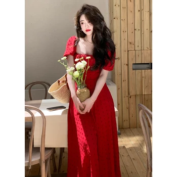 Французские винтажные платья Миди для женщин 2023 Новый летний принт Элегантная вечерняя Милая Женская одежда Корейское повседневное Красное вечернее платье