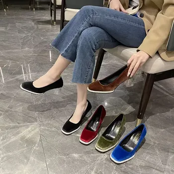 Французский рейн-бриллиантовые туфли на высоком каблуке, женский нишевый атласный дизайн, весенне-осенние новые туфли с квадратной головкой и кристаллами на грубом каблуке