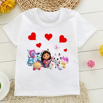 Футболка с мультяшным принтом Gabby Dollhouse, детская одежда Kawaii для девочек, футболка с милым котом, детская одежда, летние топы, футболка