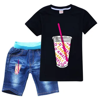 Футболки Charli Damelio Ice Coffee Детская одежда 2021 Летние футболки для мальчиков с рисунком Джинсы Комплект из 2 предметов Летняя одежда для маленьких девочек