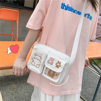 Холщовая маленькая сумка Японская женская сумка ins на плечо Милая забавная индивидуальность Вышивка Медведя Девушка Студентка Прозрачная сумка-мессенджер
