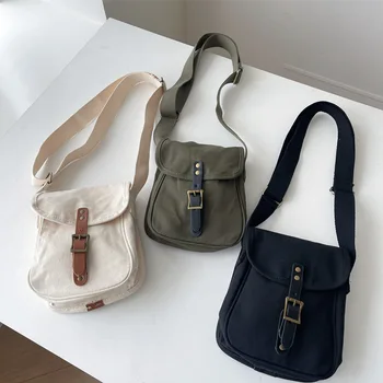 Холщовые сумки-тоут для женщин 2023, ретро однотонная дизайнерская сумка в стиле колледжа, модная женская повседневная студенческая сумка через плечо с пряжкой