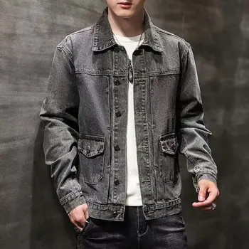 Черная джинсовая свободная студенческая винтажная куртка с инструментами, мужская верхняя часть