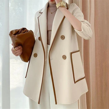 Шерстяное пальто Для женщин 2023, Новый осенне-зимний Высококачественный Простой блейзер для пригородных поездок, Элегантный роскошный Твидовый пиджак, Корейское двубортное пальто