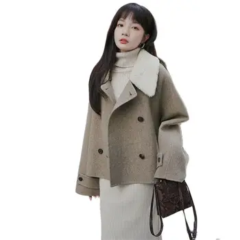 Шерстяное пальто овсяного цвета, женская модная двубортная короткая Корейская версия, женская куртка, весна-осень, Шерстяная верхняя одежда, топы 2023 года.