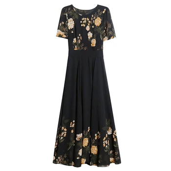 Шифоновое платье с цветочным рисунком, новое летнее элегантное длинное платье 2021, темпераментное женское платье трапециевидной формы с коротким рукавом