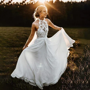 Шифоновое свадебное платье трапециевидной формы на бретелях в стиле бохо Elopement, сшитое на заказ, свадебное платье с открытой спиной и цветочным кружевом, с поясом на шее, большие размеры