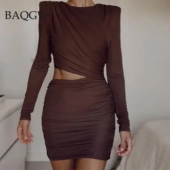 Элегантное облегающее мини-платье с открытой талией, женское коричневое Осенне-зимнее сексуальное вечернее платье с круглым вырезом и длинным рукавом, Черное клубное