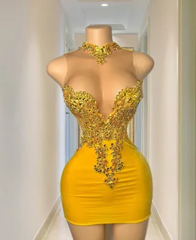 Элегантные Желтые вечерние платья для женщин 2023 года, расшитые бисером и блестками, Короткие платья для выпускного вечера с высоким воротом, Бархатные Abiti Da Cocktail