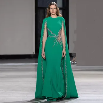 Элегантные Зеленые платья Русалки для выпускного вечера С накидкой, расшитые бисером в Саудовской Аравии, Длинные платья для выпускного вечера из эластичной ткани 4 Способа, Скромное вечернее платье
