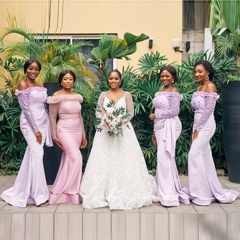 Элегантные фиолетовые платья для подружек невесты в стиле русалки Aso Ebi с длинными рукавами, просвечивающими сквозь кружевные атласные длинные свадебные платья