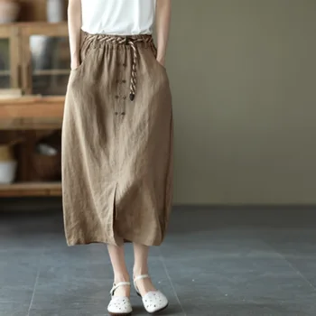 Японская Mori Girl Весенне-летняя женская юбка миди с высокой талией Абрикосового цвета, цвета Хаки, темно-черная Повседневная юбка, Винтажные юбки из хлопка и льна
