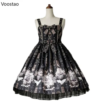 Японское готическое платье Лолиты Jsk Черного цвета, женское платье-комбинация в стиле Харадзюку без рукавов с рисунком Вороны, винтажные милые вечерние платья в стиле панк для девочек